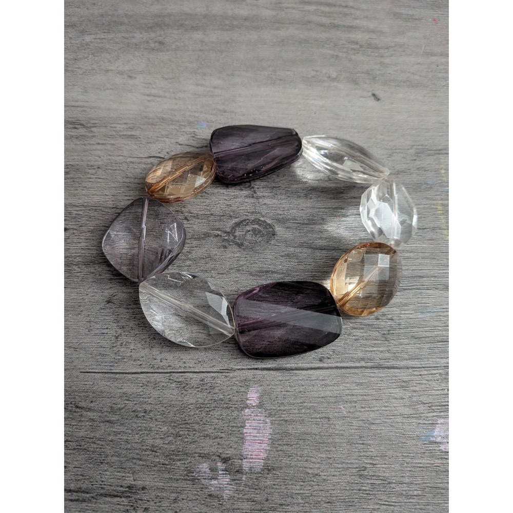 Faceted Acrylic Bead Stretch Bracelet Smoky Purple Amber Clear Chunky Statement